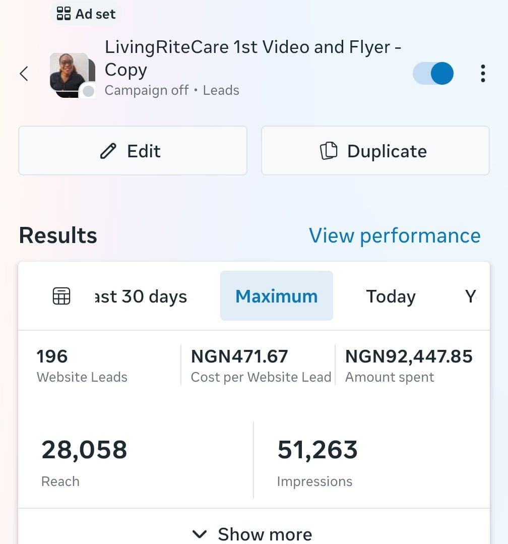LivingRite Care — Ad Set Results
